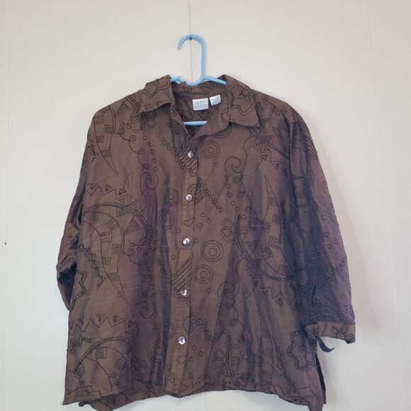 Bleu Bayou Tops - Vtg Bleu Bayou Women XL Blouse 100% Silk Brown Abstract Embroidered Beads Casual